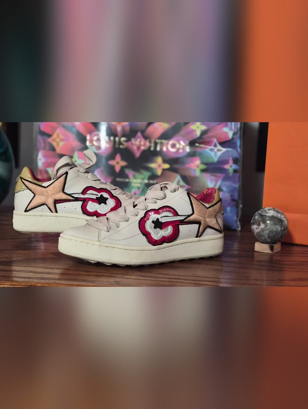 Coach White Sneakers with Pink & Gold Star Appliqués